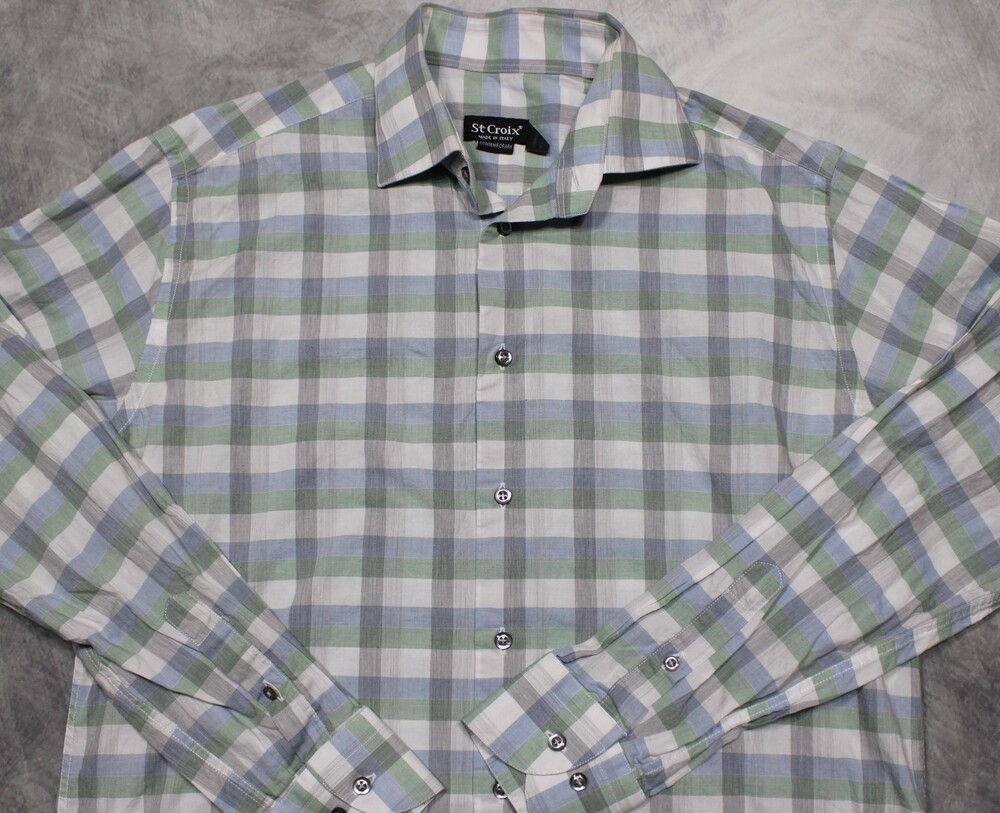 St Croix Long Sleeve Button Shirt Mens Medium 15.5 Plaid Cotton Made In Italy